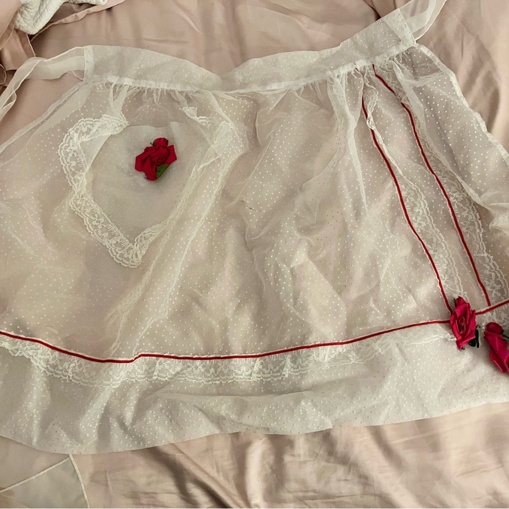 Vintage Sheer white Apron with Red Roses